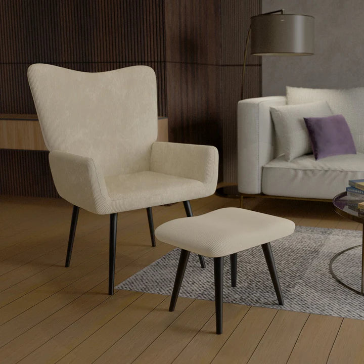 Ohrensessel Relaxsessel Cord mit Hocker Beige