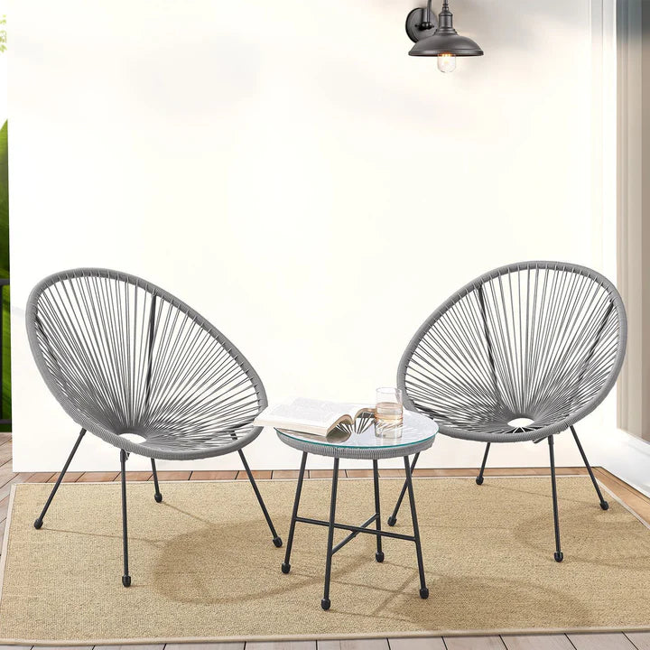 Set di mobili da balcone Ostana, gruppo di sedute grigio da 3 pezzi in design retrò con tavolo e 2 poltrone