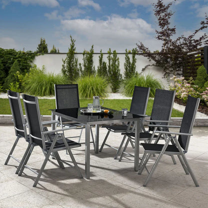 Salon de jardin en aluminium Milano 7 pièces avec table et 6 chaises gris argenté