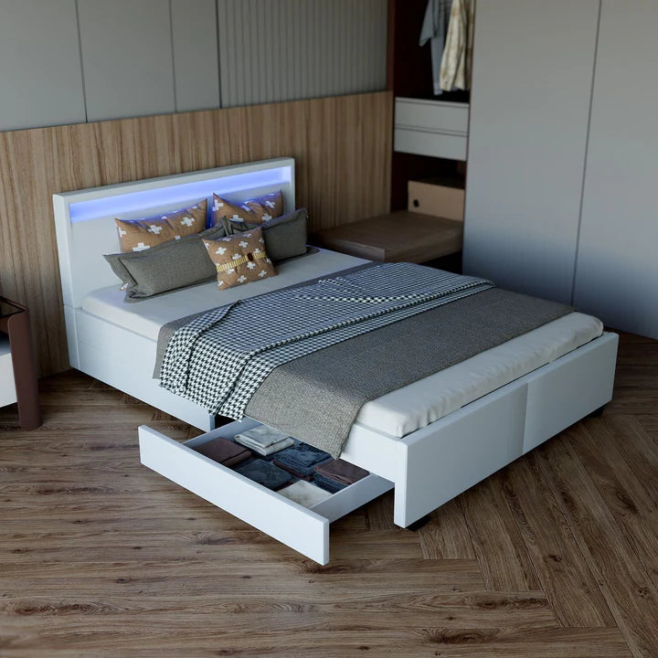 Lit capitonné LED Lyon avec coffre de lit 140 x 200 cm - blanc