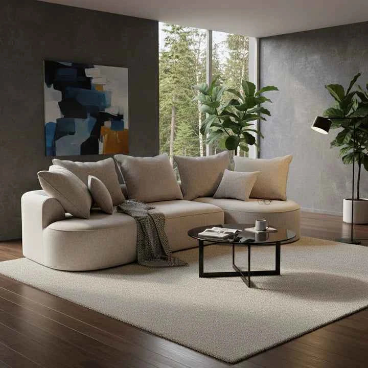 Sofa Tirano mit Ottomane & Dekokissen aus Samt Beige