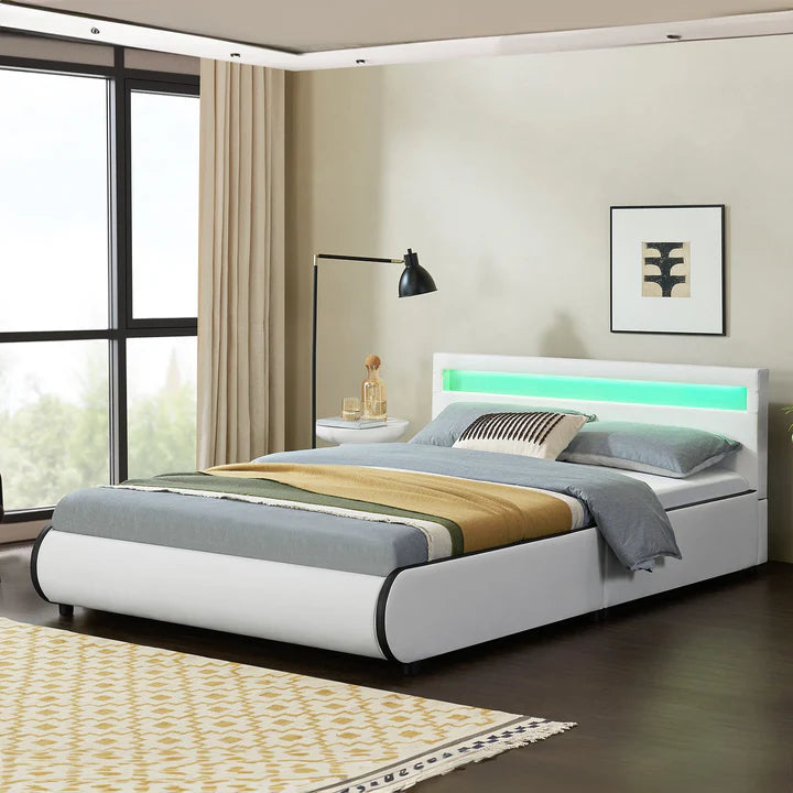 Lit rembourré LED Sevilla 140 x 200 cm sommier à lattes blanc