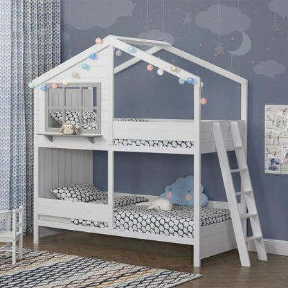 Lit mezzanine enfant maison de rêve 90 x 200 cm Lit enfant moderne avec toit, 2 lits et échelle