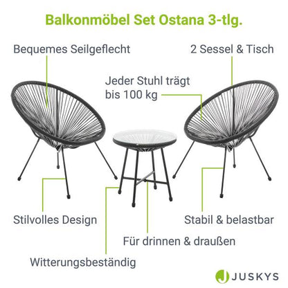 Balkonmöbel Set Ostana 3-teilig Schwarz Sitzgruppe im Retro-Design mit Tisch & 2 Sesseln