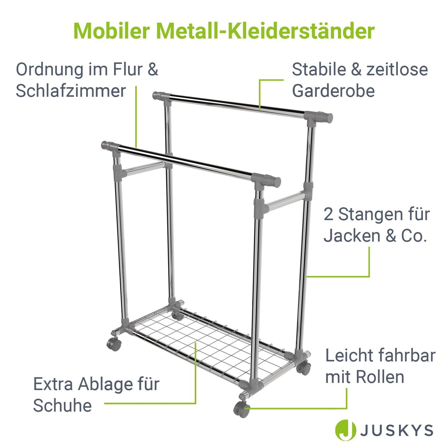 Metall Kleiderständer auf Rollen mit 2 Stangen - Silber