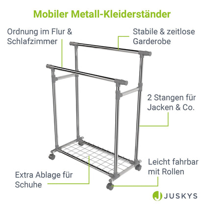 Metall Kleiderständer auf Rollen mit 2 Stangen - Silber