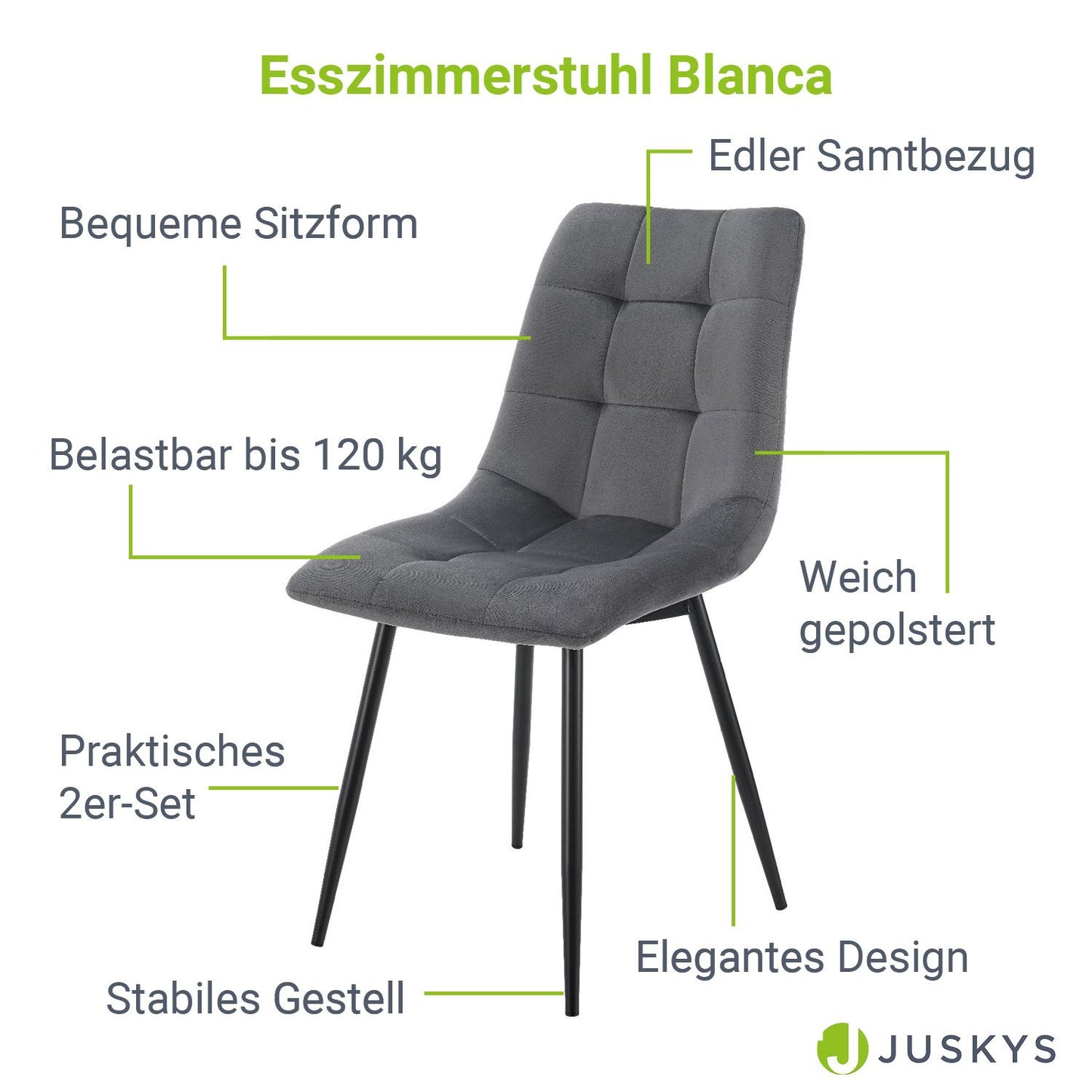 Esszimmerstuhl Blanca 6er Set mit Samt Dunkelgrau