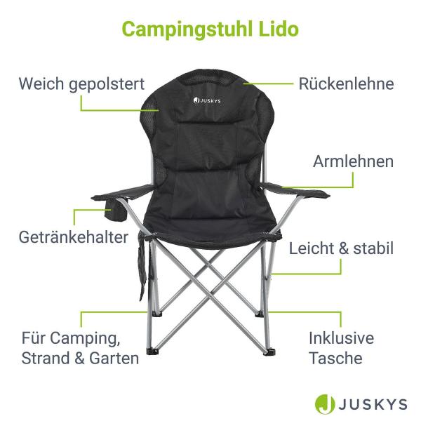 Campingstuhl Lido Schwarz Gepolsterter Klappstuhl mit Getränkehalter & Tasche