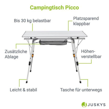 Campingtisch Picco faltbar Höhenverstellbarer Tisch mit Tasche & zusätzlicher Ablage