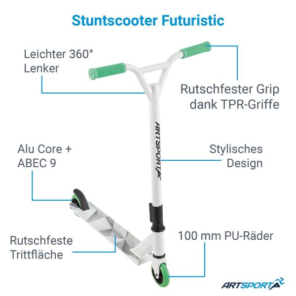 Monopattino Stunt Scooter Futuristico Bianco Verde Monopattino Stunt con Sterzo a 360°