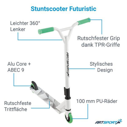 Monopattino Stunt Scooter Futuristico Bianco Verde Monopattino Stunt con Sterzo a 360°