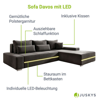 Sofa Davos mit LEDs in L-Form mit Schlaffunktion - Dunkelgrau