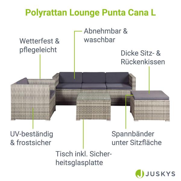 Polyrattan Lounge Punta Cana L grau-meliert und dunkelgraue Bezüge