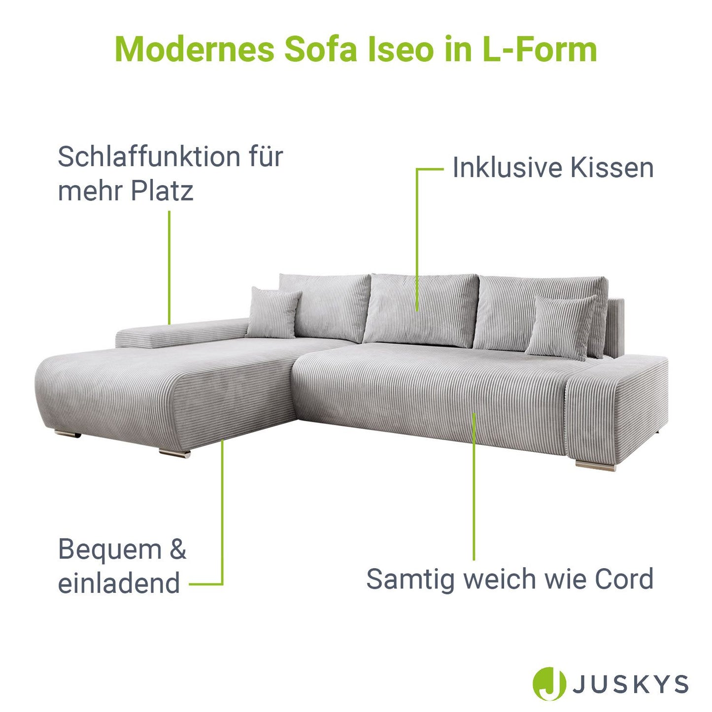 Sofa Iseo in L-Form mit Schlaffunktion Hellgrau