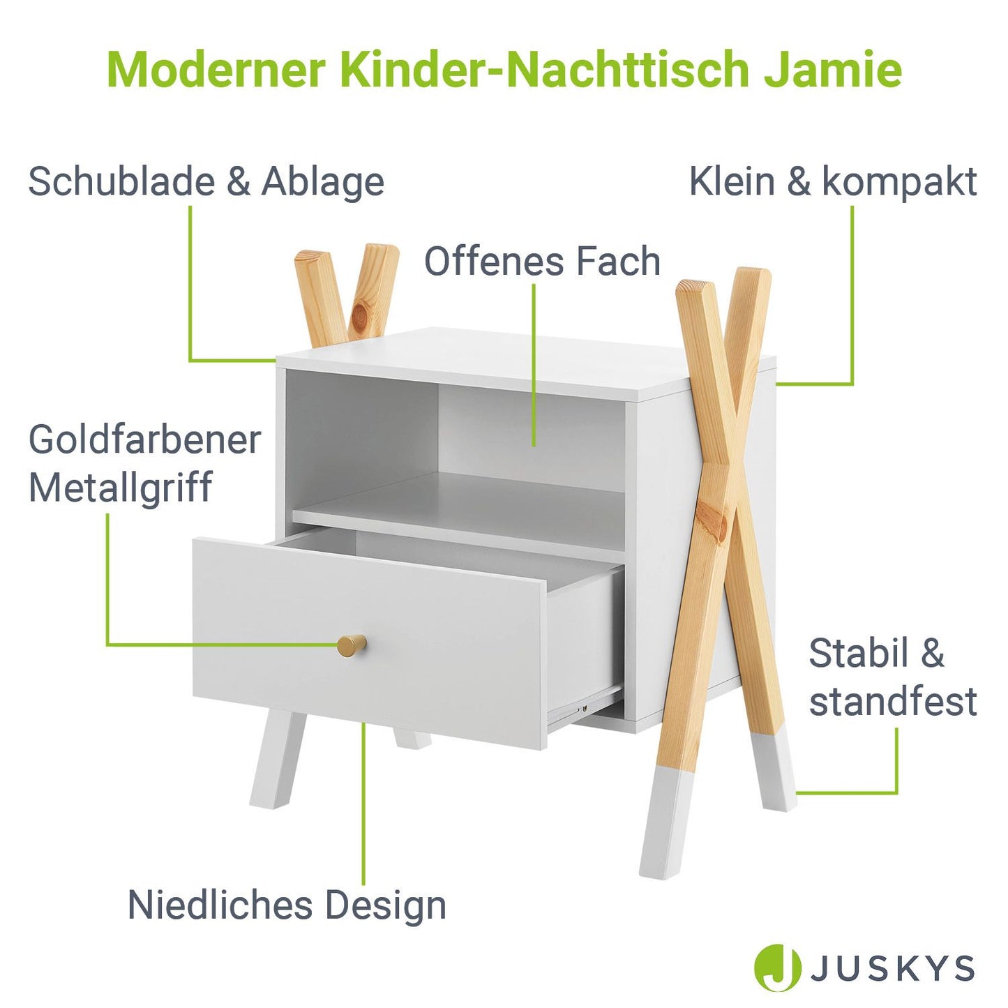 Kinder Nachttisch Jamie in Weiss - Natur