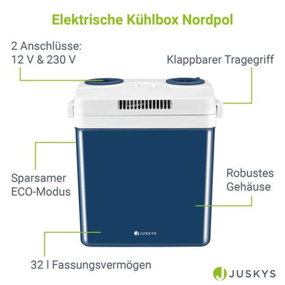 Elektrische Kühlbox Nordpol 32 Liter in Blau mit praktischem 12 V und 230 V Anschluss