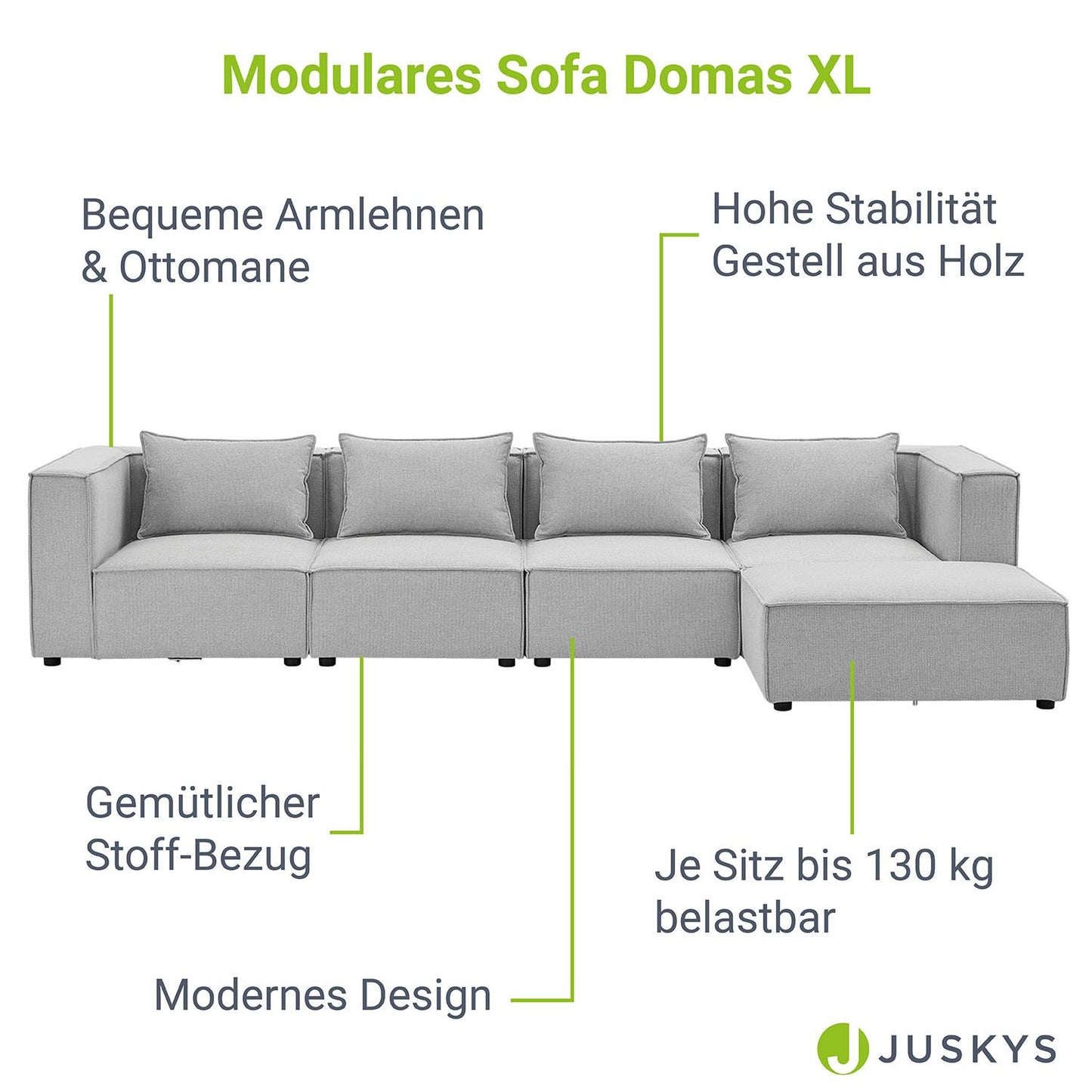 Modulares Sofa Domas XL - 4 Sitzer & Kissen - Stoff Hellgrau