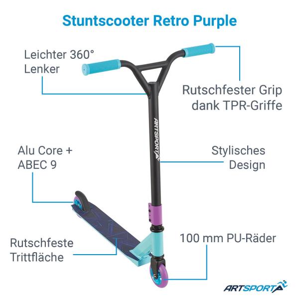 Stunt Scooter Retro Purple in Blau Lila Trick Roller mit 360° Lenkung