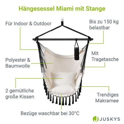 Hängesessel Miami in Beige Makramee Hängeschaukel mit Kissen, Tasche & Hängestange