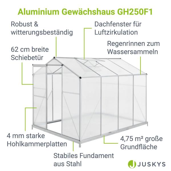 Aluminium Gewächshaus GH250F1 4,75m² mit 1 Dachfenster inklusive Fundament