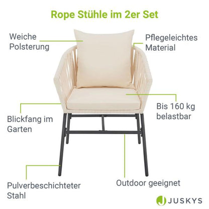 2er-Set Rope Stühle Gartenmöbel in Beige Inkl. Sitz- und Rückenkissen