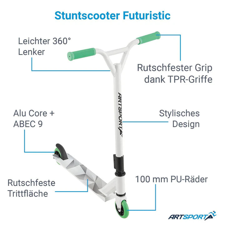Stunt Scooter Futuriste en Blanc Vert Trick Scooter avec direction à 360°