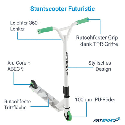 Stunt Scooter Futuriste en Blanc Vert Trick Scooter avec direction à 360°