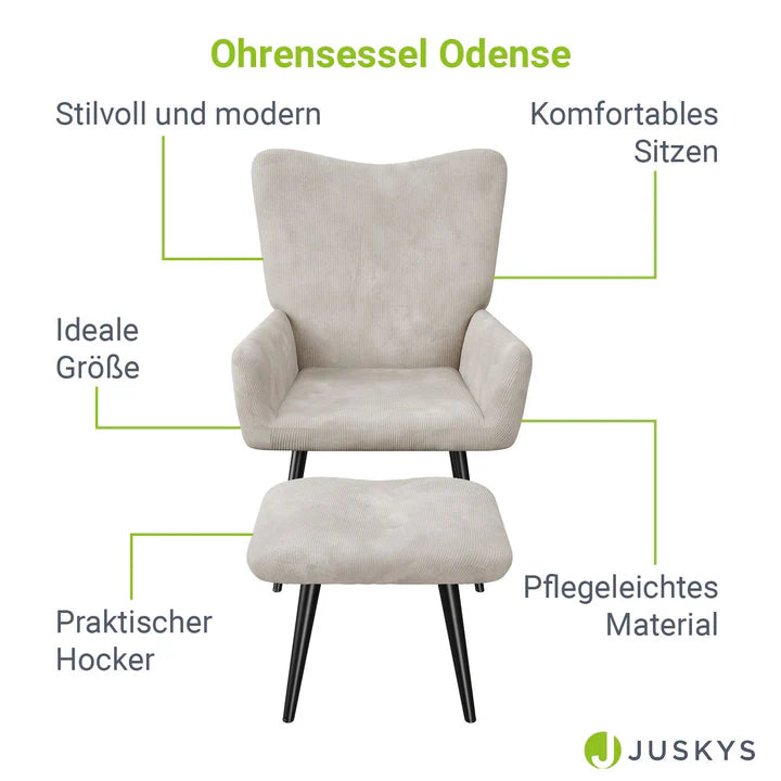 Ohrensessel Relaxsessel Cord mit Hocker Beige