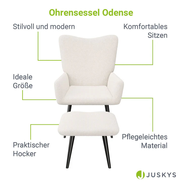 Ohrensessel Relaxsessel Bouclé mit Hocker Beige