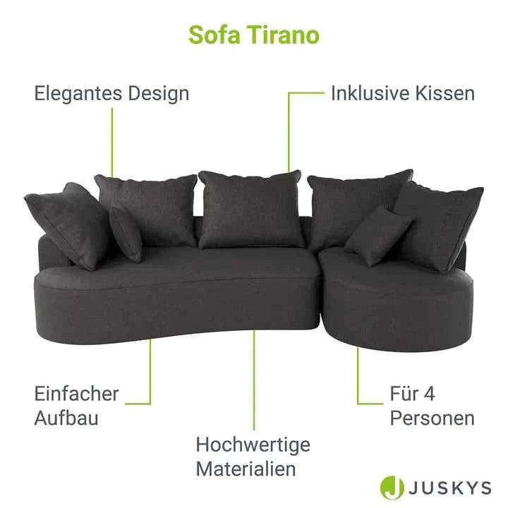 Sofa Tirano mit Ottomane & Dekokissen aus Samt Dunkelgrau