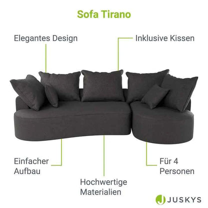 Sofa Tirano mit Ottomane & Dekokissen aus Samt Dunkelgrau