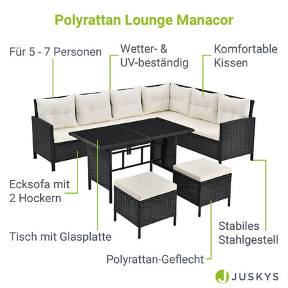 Salon de jardin en polyrotin Manacor noir avec canapé ; Table et 2 tabourets