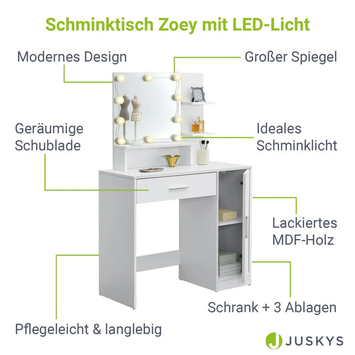 Coiffeuse blanche Zoey avec miroir, tiroir et placard