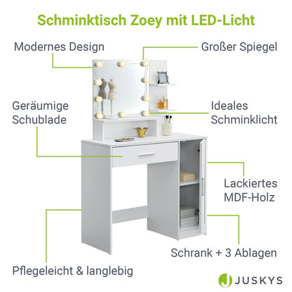 Coiffeuse blanche Zoey avec miroir, tiroir et placard