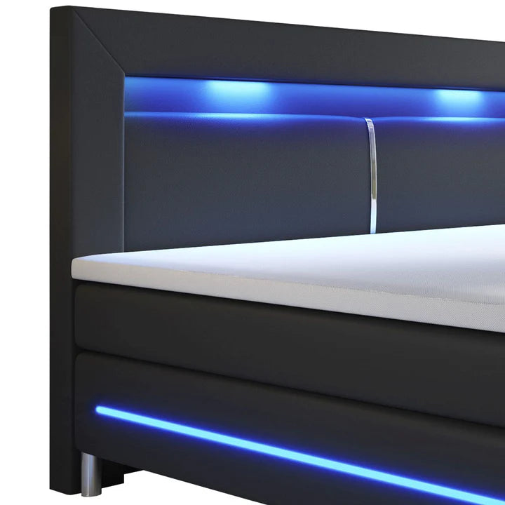 Lit à sommier tapissier LED Norfolk 180 x 200 cm noir - Bandes LED et matelas à ressorts