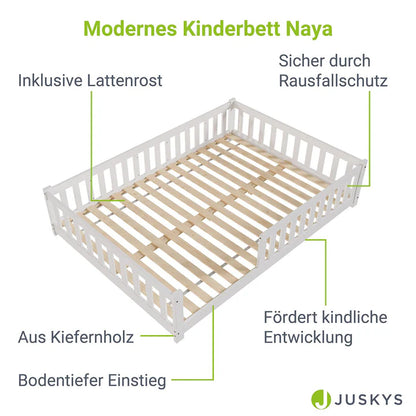 Kinderbett Naya 140x200 cm mit Lattenrost & Rausfallschutz - Weiss