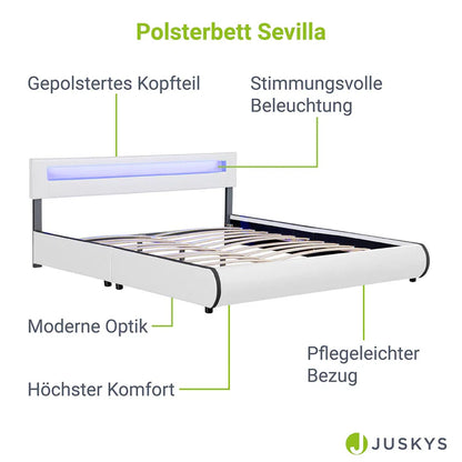 Lit rembourré Sevilla 180 x 200 cm éclairage LED et sommier à lattes blanc