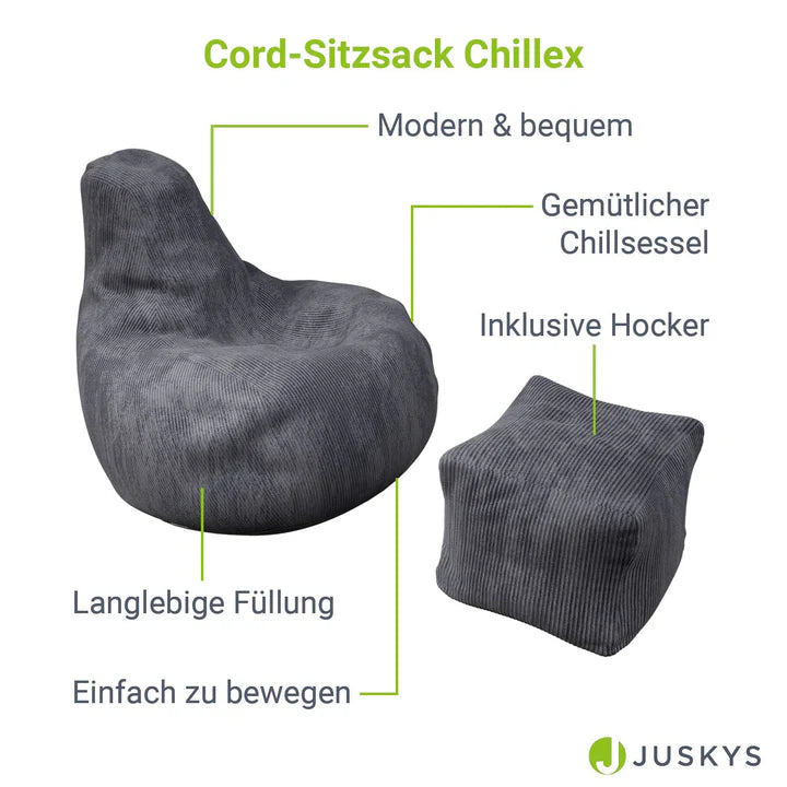 Sitzsack Chillex L mit Hocker Cord Sessel Dunkelgrau - Palo24