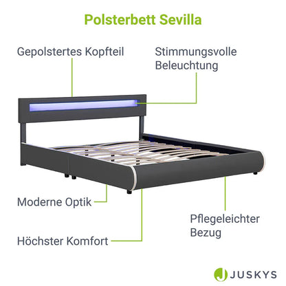 Lit rembourré Sevilla 180 x 200 cm éclairage LED et sommier à lattes gris foncé