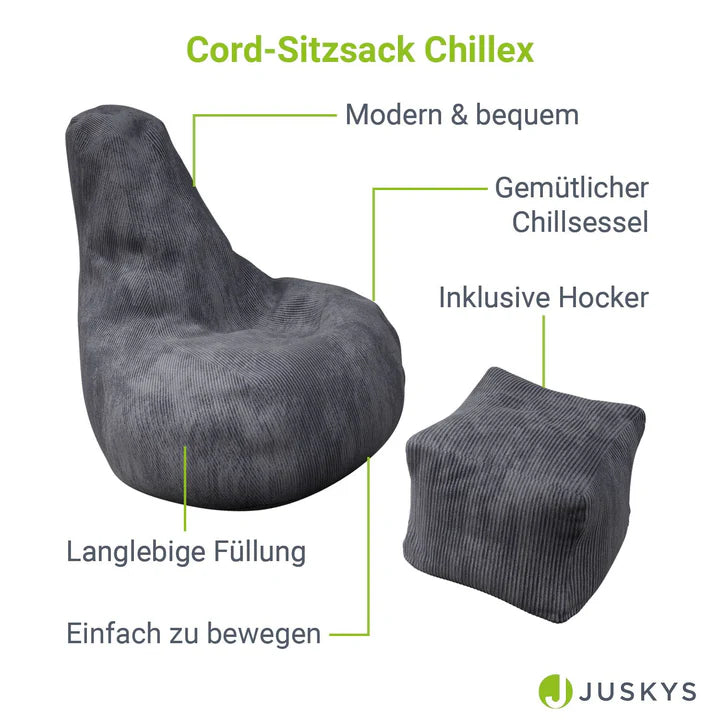 Sitzsack Chillex XL mit Hocker Cord Sessel Dunkelgrau - Palo24