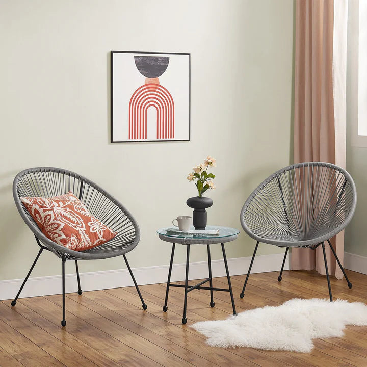 Set di mobili da balcone Ostana, gruppo di sedute grigio da 3 pezzi in design retrò con tavolo e 2 poltrone