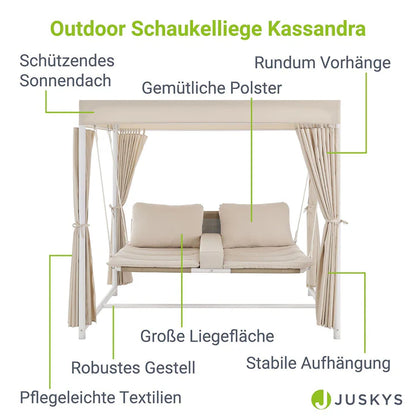 Schaukelliege Kassandra in Weiss Beige Sonnendach und Vorhängen