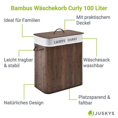 Bambus Wäschekorb Curly 100 Liter braun mit Wäschesack und Tragegriffen