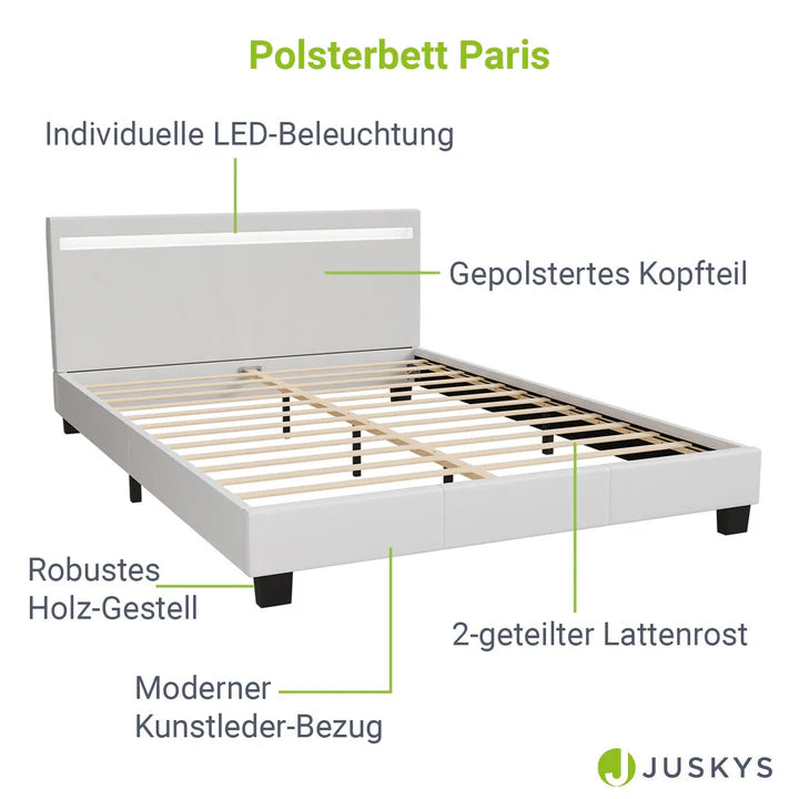 Lit tapissé LED Paris 140 x 200 cm sommier à lattes blanc