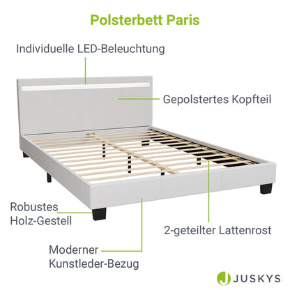 Lit tapissé LED Paris 140 x 200 cm sommier à lattes blanc