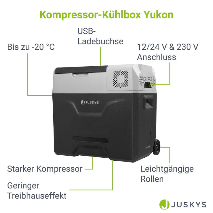 Glacière à compresseur Yukon 50 l avec connexion 12/24 et 230 V, contrôle par application et prise de chargement USB - grise