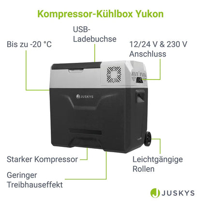Glacière à compresseur Yukon 50 l avec connexion 12/24 et 230 V, contrôle par application et prise de chargement USB - grise