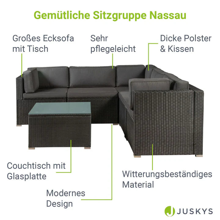 Polyrattan Lounge Sitzgruppe Nassau mit Bezügen in Dunkelgrau