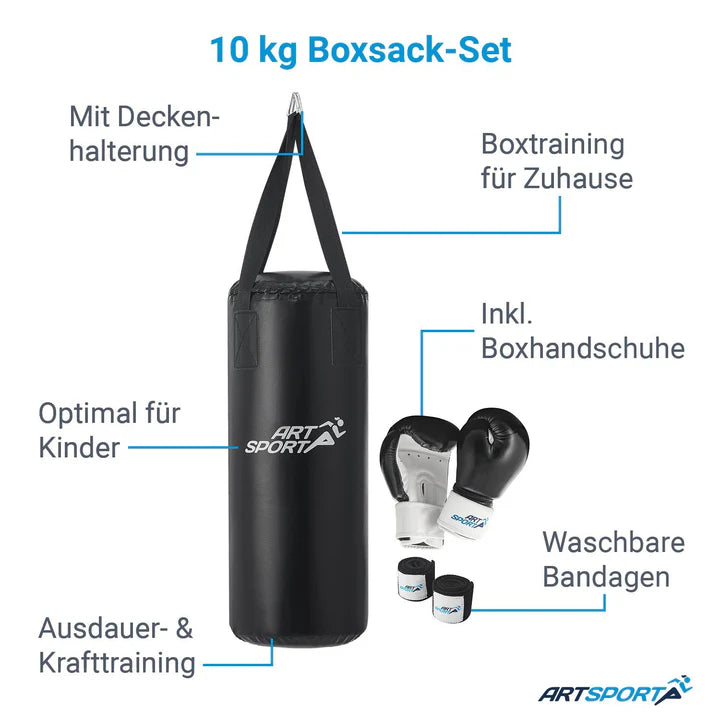 Set sacco da boxe 10 kg per bambini con guantoni da boxe