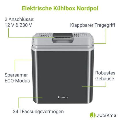 Glacière électrique Nordpol 24 litres en gris avec connexion pratique 12 V et 230 V
